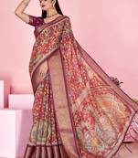 coral colour Ready to wear elegant print linen cotton saree with jacquard border & unstitched blouse