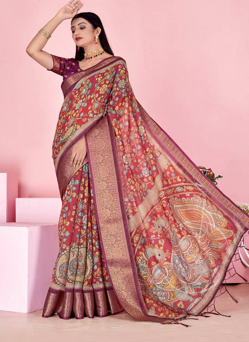 coral colour Ready to wear elegant print linen cotton saree with jacquard border & unstitched blouse