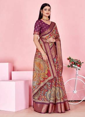 coral colour Ready to wear elegant print linen cotton saree with jacquard border & unstitched blouse 2