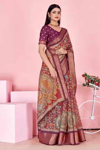 coral colour Ready to wear elegant print linen cotton saree with jacquard border & unstitched blouse