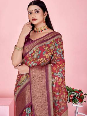 coral colour Ready to wear elegant print linen cotton saree with jacquard border & unstitched blouse 3
