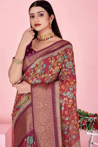 coral colour Ready to wear elegant print linen cotton saree with jacquard border & unstitched blouse