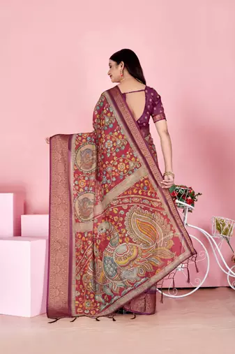 coral colour Ready to wear elegant print linen cotton saree with jacquard border & unstitched blouse