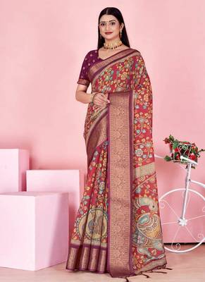 coral colour Ready to wear elegant print linen cotton saree with jacquard border & unstitched blouse 5