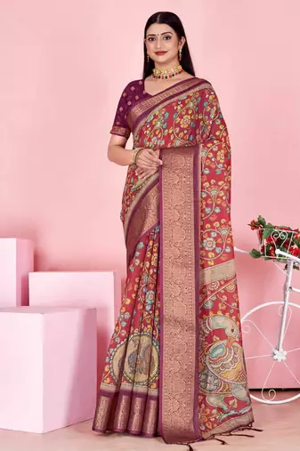 coral colour Ready to wear elegant print linen cotton saree with jacquard border & unstitched blouse