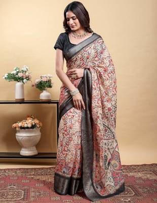 cream colour Ready to wear elegant print linen cotton saree with jacquard border & unstitched blouse 1
