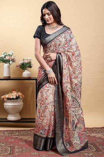 cream colour Ready to wear elegant print linen cotton saree with jacquard border & unstitched blouse