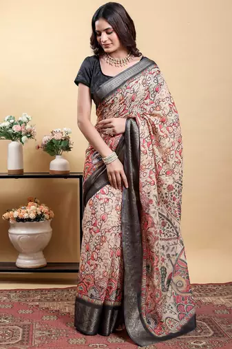 cream colour Ready to wear elegant print linen cotton saree with jacquard border & unstitched blouse