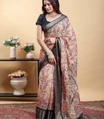cream colour Ready to wear elegant print linen cotton saree with jacquard border & unstitched blouse