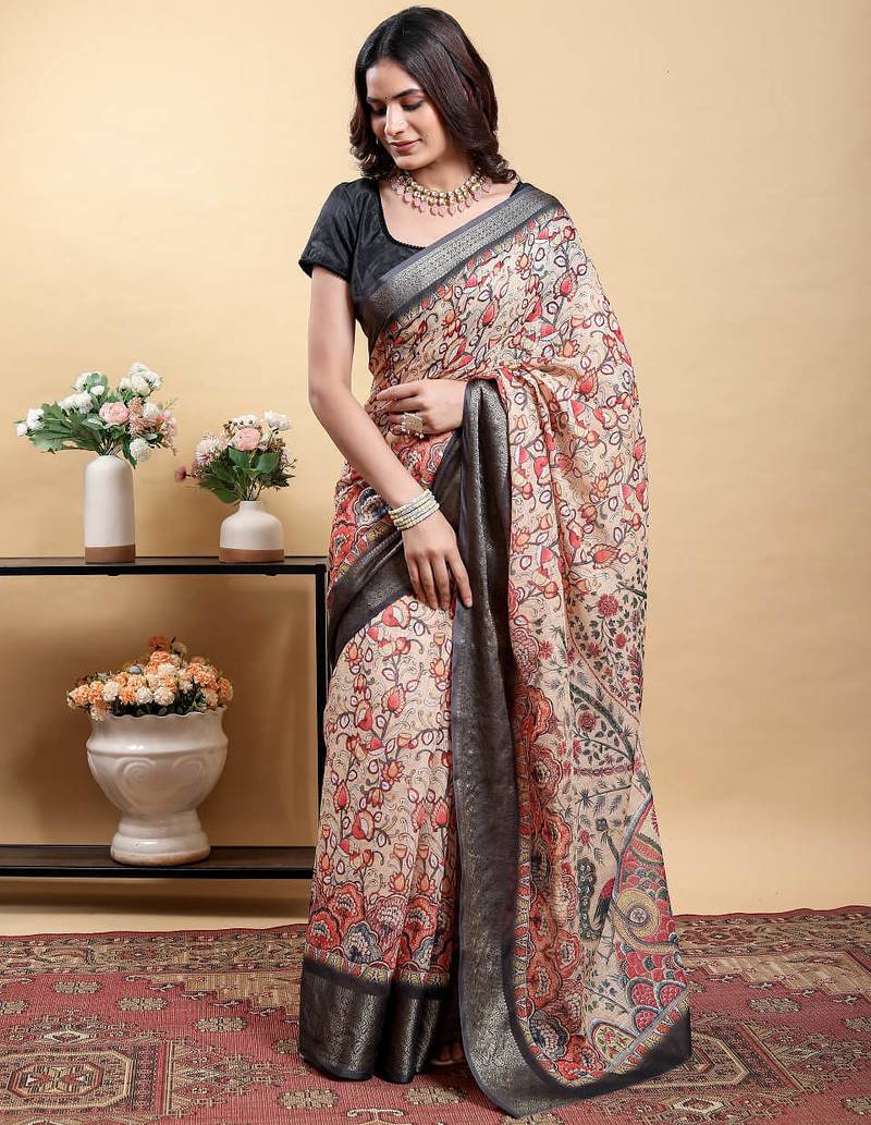 cream colour Ready to wear elegant print linen cotton saree with jacquard border & unstitched blouse