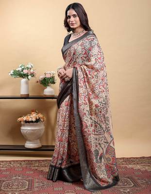 cream colour Ready to wear elegant print linen cotton saree with jacquard border & unstitched blouse 2