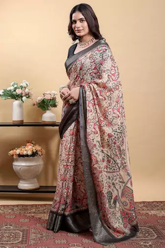 cream colour Ready to wear elegant print linen cotton saree with jacquard border & unstitched blouse