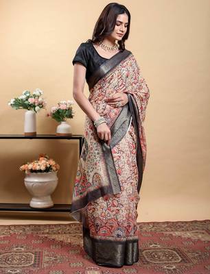 cream colour Ready to wear elegant print linen cotton saree with jacquard border & unstitched blouse 3