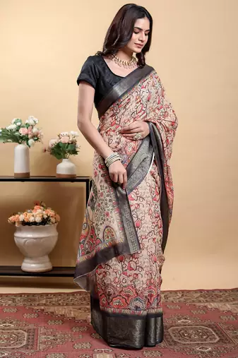 cream colour Ready to wear elegant print linen cotton saree with jacquard border & unstitched blouse
