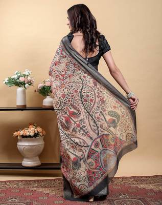 cream colour Ready to wear elegant print linen cotton saree with jacquard border & unstitched blouse 4