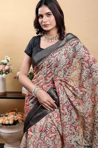 cream colour Ready to wear elegant print linen cotton saree with jacquard border & unstitched blouse