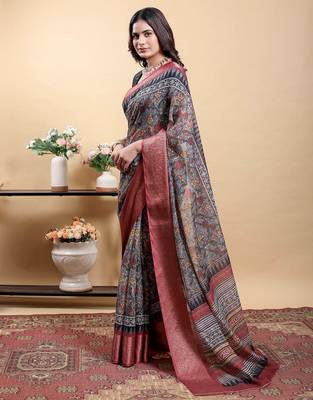 grey colour Ready to wear elegant print linen cotton saree with jacquard border & unstitched blouse 1