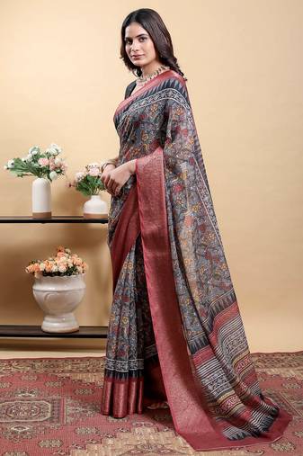 grey colour Ready to wear elegant print linen cotton saree with jacquard border & unstitched blouse