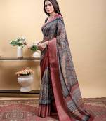 grey colour Ready to wear elegant print linen cotton saree with jacquard border & unstitched blouse