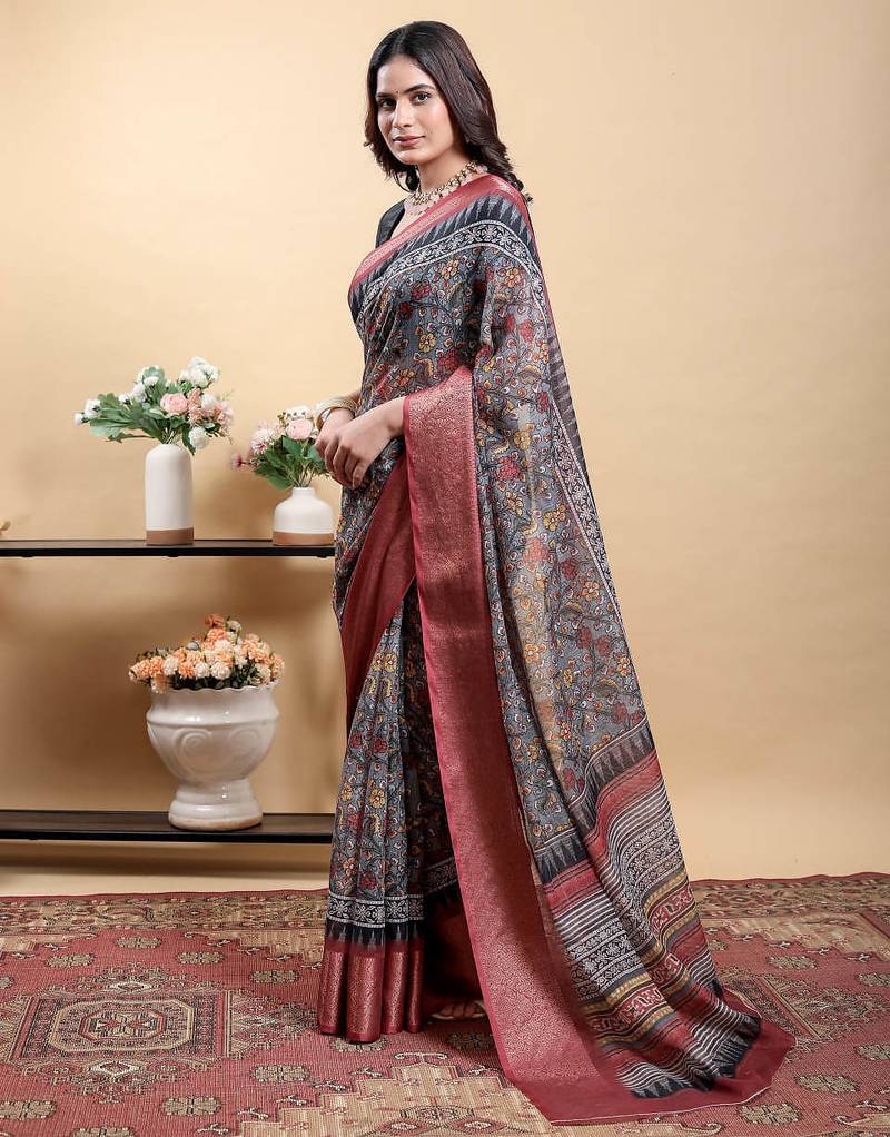 grey colour Ready to wear elegant print linen cotton saree with jacquard border & unstitched blouse