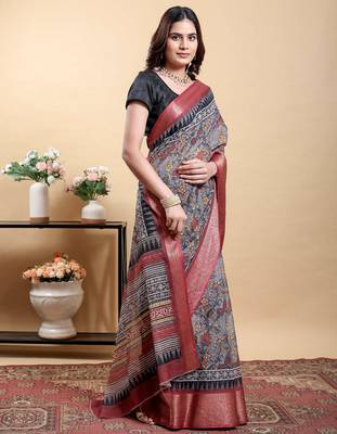 grey colour Ready to wear elegant print linen cotton saree with jacquard border & unstitched blouse 2