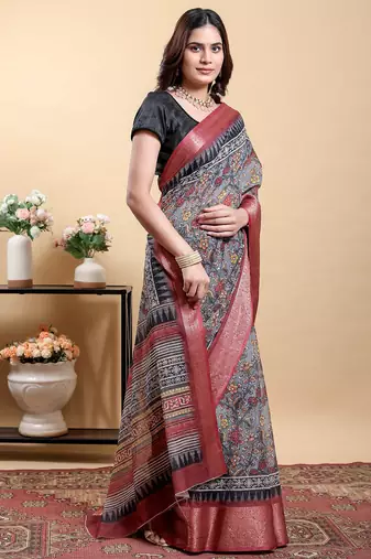 grey colour Ready to wear elegant print linen cotton saree with jacquard border & unstitched blouse