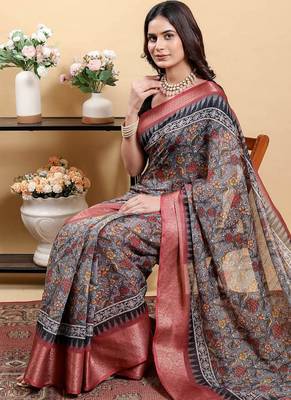 grey colour Ready to wear elegant print linen cotton saree with jacquard border & unstitched blouse 4
