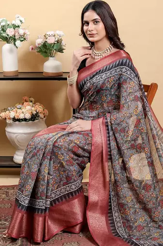 grey colour Ready to wear elegant print linen cotton saree with jacquard border & unstitched blouse
