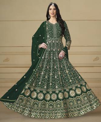 Bottle Green Faux Georgette Anarkali Gown 3