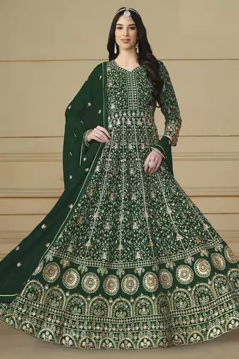 Bottle Green Faux Georgette Anarkali Gown