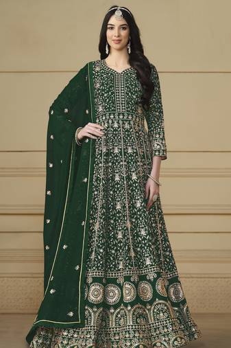 Bottle Green Faux Georgette Anarkali Gown