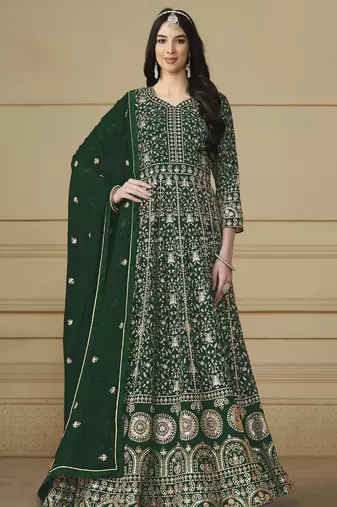 Bottle Green Faux Georgette Anarkali Gown