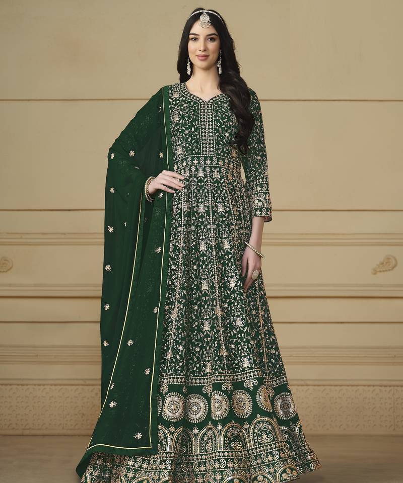 Bottle Green Faux Georgette Anarkali Gown