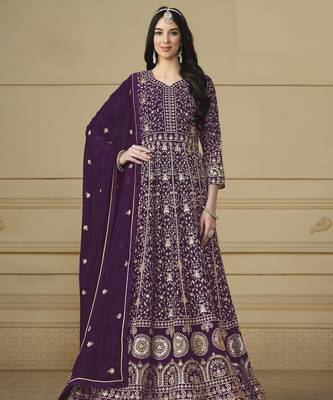 Purple Faux Georgette Embroidered Anarkali Gown 1