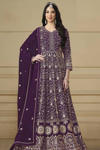 Purple Faux Georgette Embroidered Semi Stich Anarkali Gown