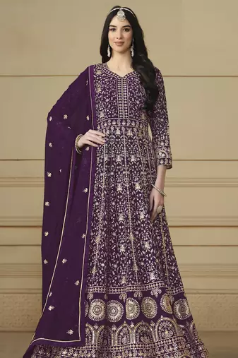 Purple Faux Georgette Embroidered Semi Stich Anarkali Gown