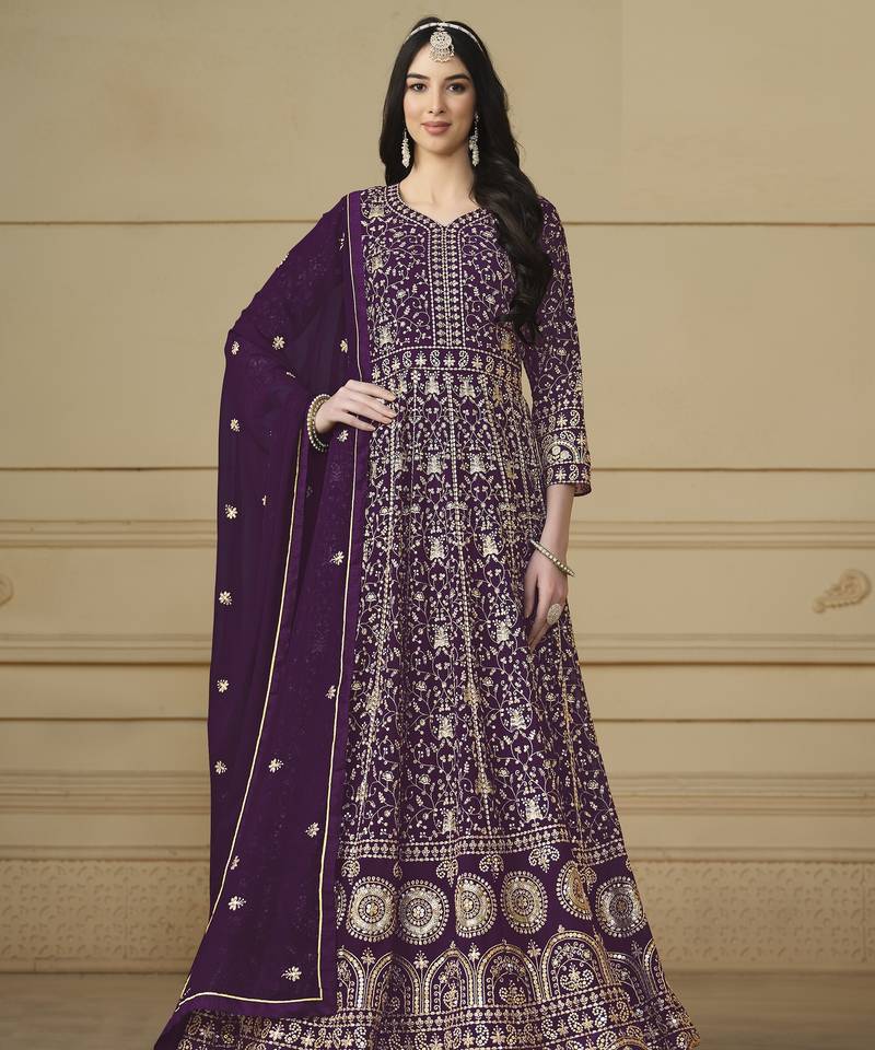 Purple Faux Georgette Embroidered Semi Stich Anarkali Gown