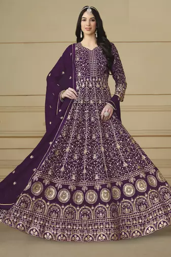 Purple Faux Georgette Embroidered Semi Stich Anarkali Gown