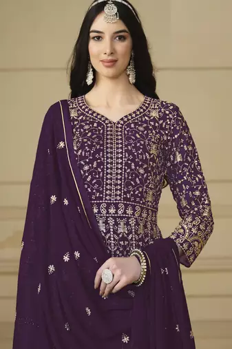 Purple Faux Georgette Embroidered Semi Stich Anarkali Gown
