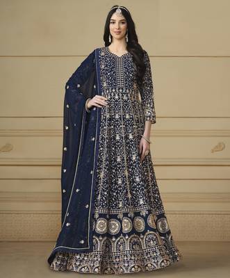Navy Blue Faux Georgette Anarkali Gown 1