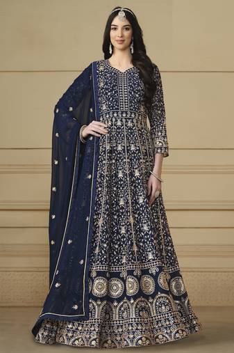 Navy Blue Faux Georgette Anarkali Gown