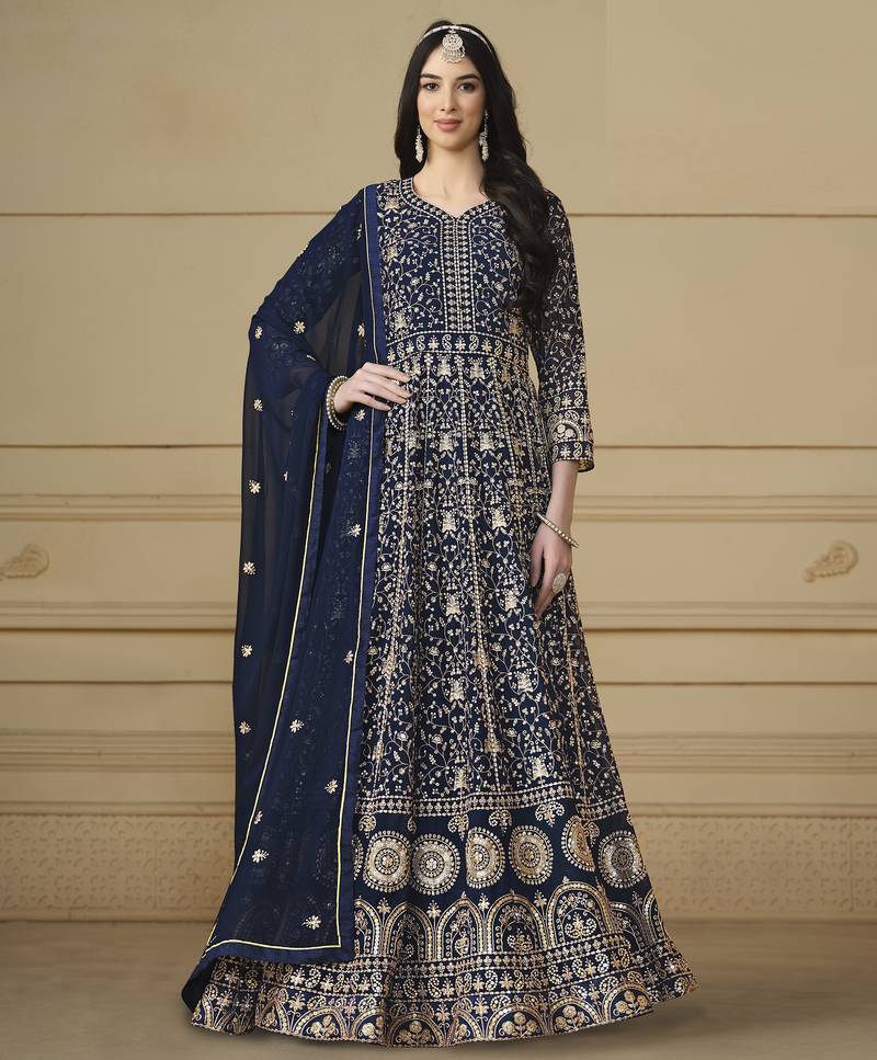 Navy Blue Faux Georgette Anarkali Gown