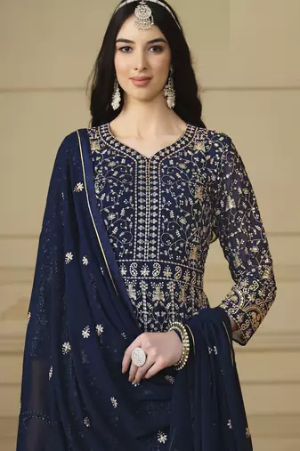 Navy Blue Faux Georgette Anarkali Gown