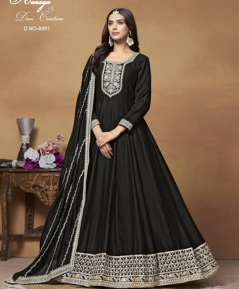 Black Art Silk Gown with Cording Work
