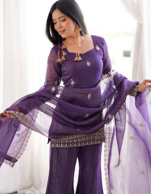 Shiny Purple Zari Work Silk Festival Wear Palazzo Suit With Dupatta 6