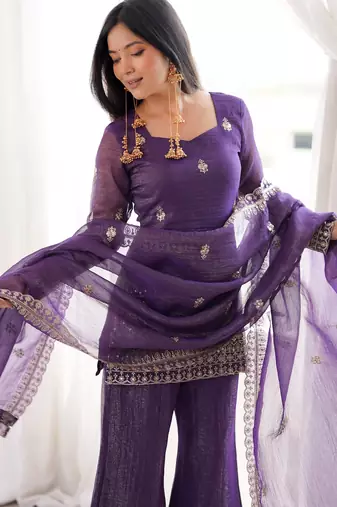 Shiny Purple Zari Work Silk Festival Wear Palazzo Suit With Dupatta