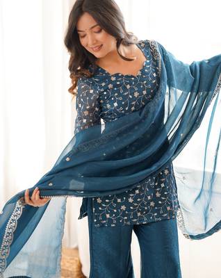 Bewitching Teal Blue Embroidered Silk Wedding Wear Palazzo Suit 6