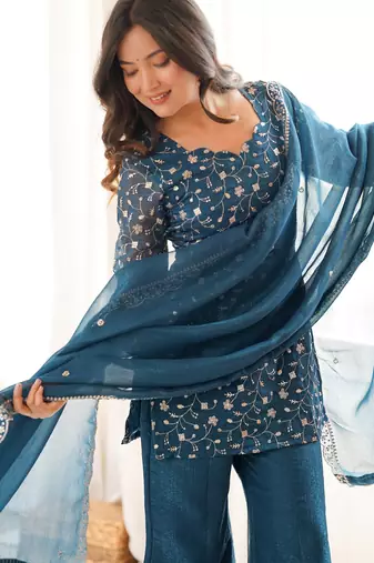 Bewitching Teal Blue Embroidered Silk Wedding Wear Palazzo Suit