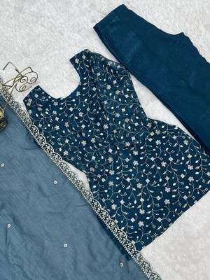 Bewitching Teal Blue Embroidered Silk Wedding Wear Palazzo Suit 7