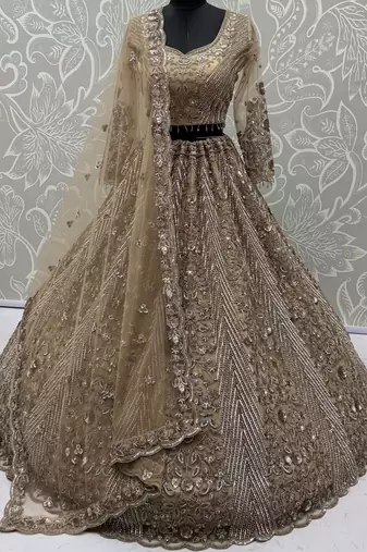 Gorgeous Beige Sequins Net Engagement Wear Lehenga Choli With Dupatta